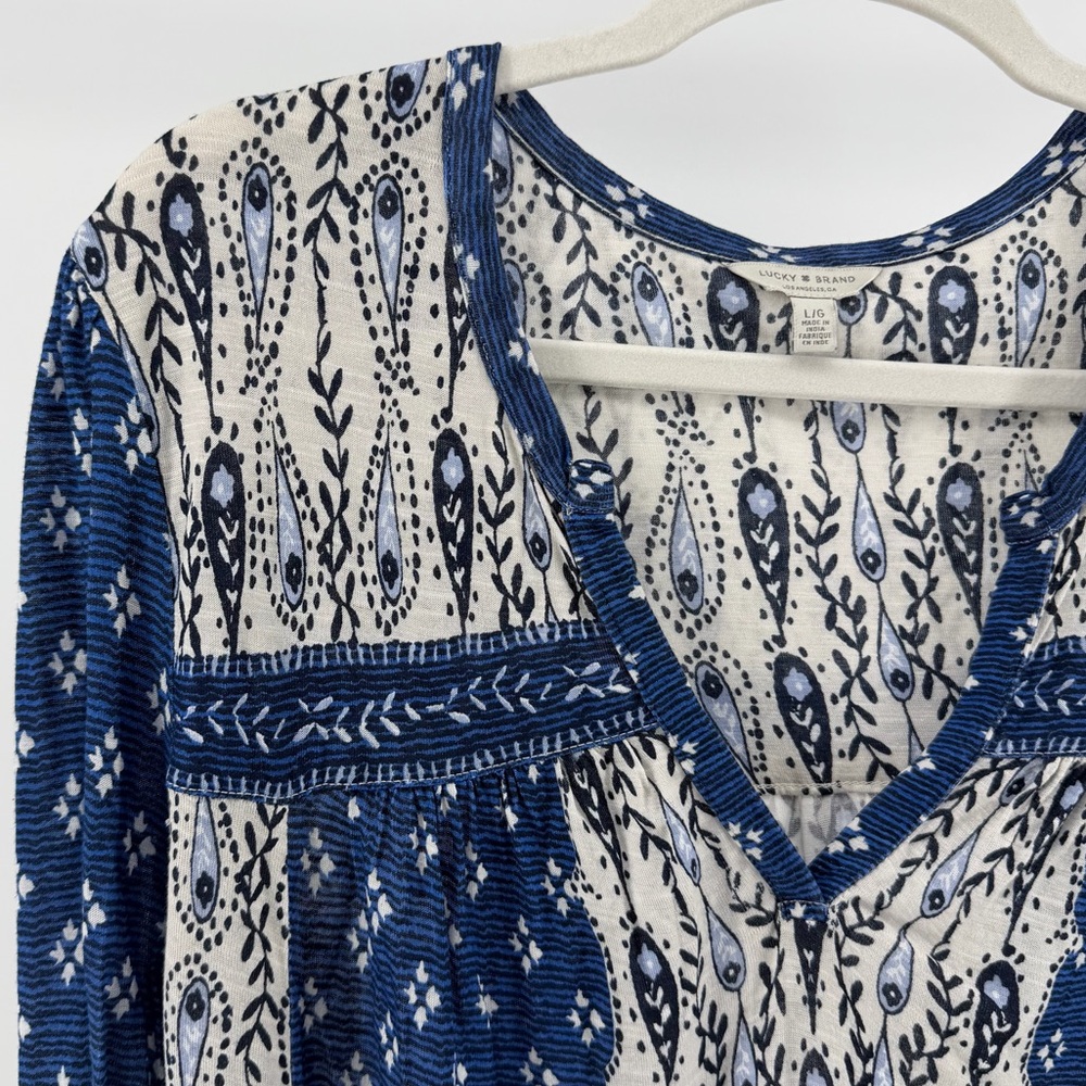Lucky Brand Blue and Cream Boho Print Split Neck Long Sleeve Top, Women's Large - Picture 2 of 6